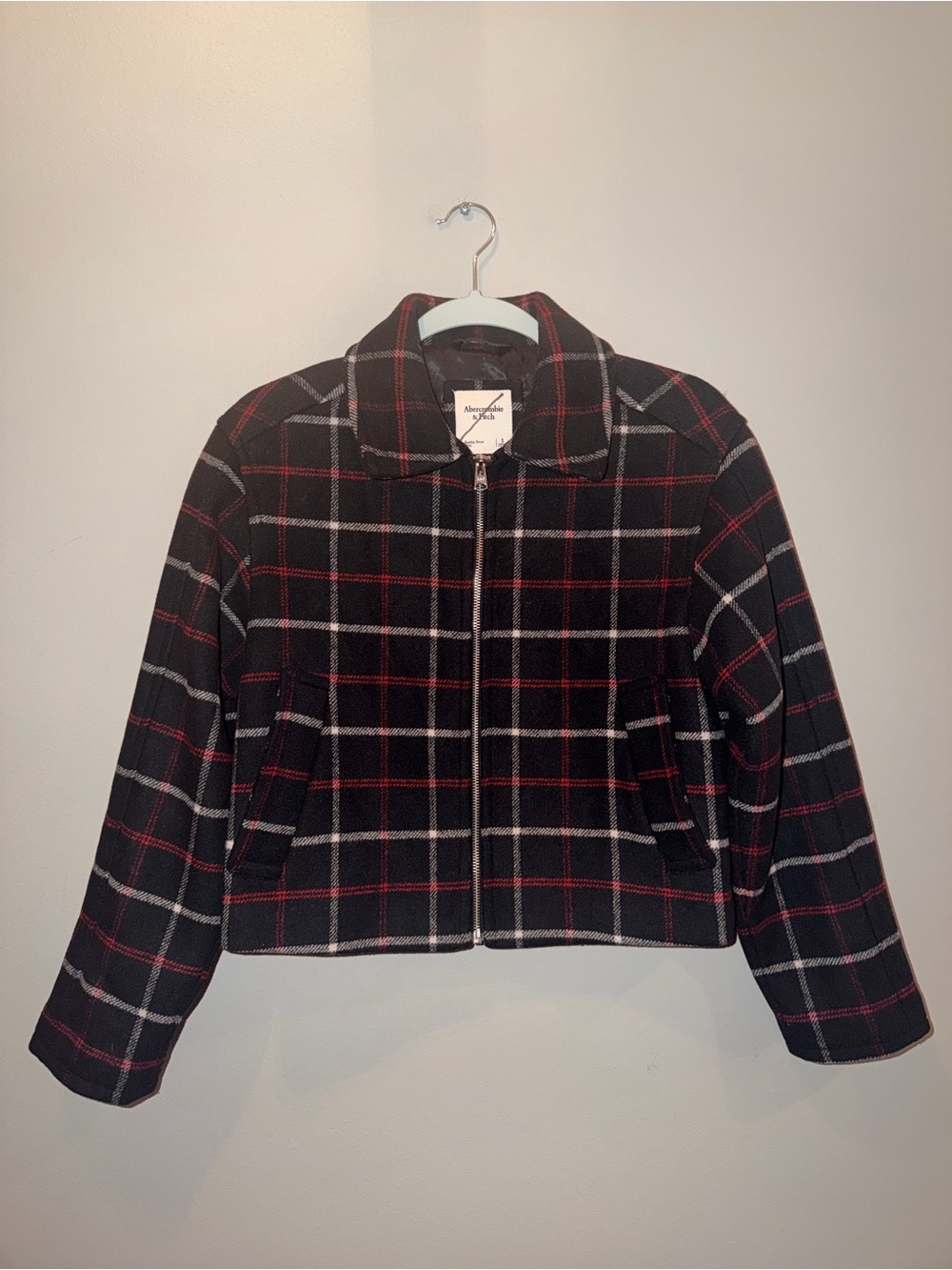 Abercrombie & Fitch wool blend cropped black and red plaid jacket preppy grunge